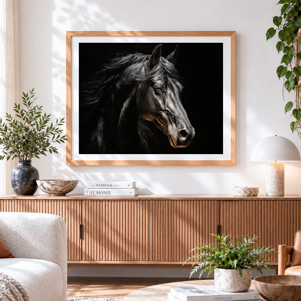 Finished majestic black horse portrait cross stitch artwork displayed