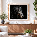 Finished majestic black horse portrait cross stitch artwork displayed