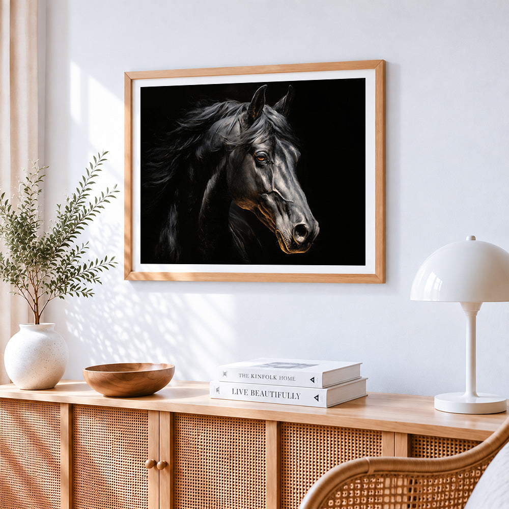 Majestic black horse portrait cross stitch artwork displayed on wall as home decor
