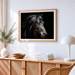 Majestic black horse portrait cross stitch artwork displayed on wall as home decor
