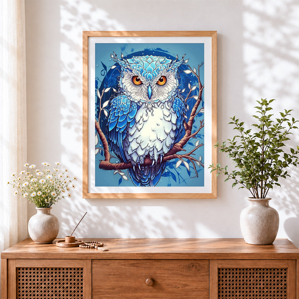 Finished majestic blue and white owl paint by numbers artwork displayed as home decor