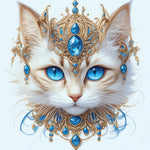 Majestic blue-eyed cat with gold jewellery cross stitch kit for beginners