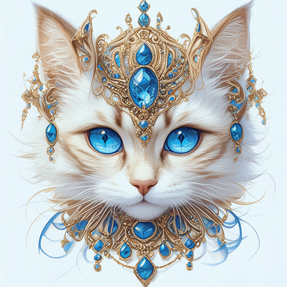 Majestic blue-eyed cat with gold jewellery cross stitch kit for beginners