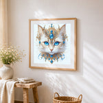 Majestic blue-eyed cat with gold jewellery cross stitch artwork displayed on wall as home decor