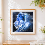 Finished majestic blue lion in starry night cross stitch artwork displayed