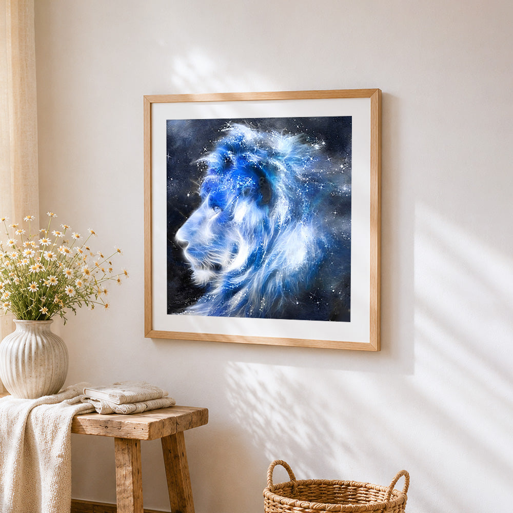 Majestic blue lion in starry night cross stitch artwork displayed on wall as home decor