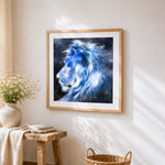 Majestic blue lion in starry night paint by numbers artwork displayed on wall as home decor