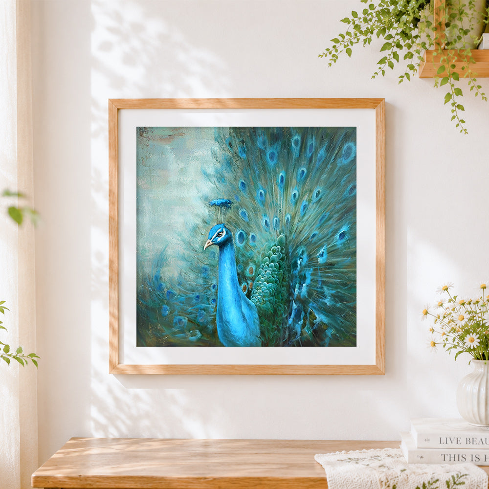 Finished majestic blue peacock cross stitch artwork displayed