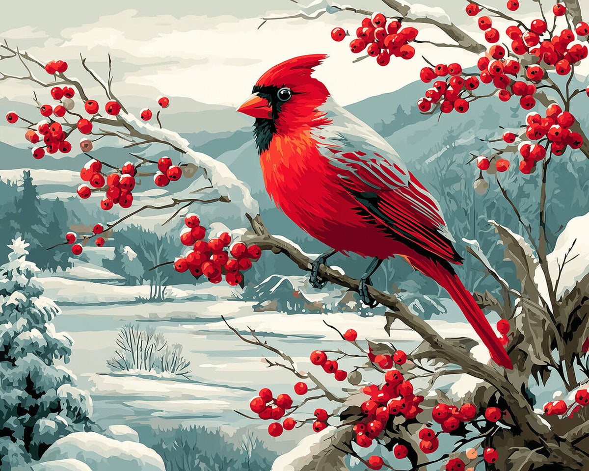 Majestic cardinal in a snowy winter landscape cross stitch kit for beginners
