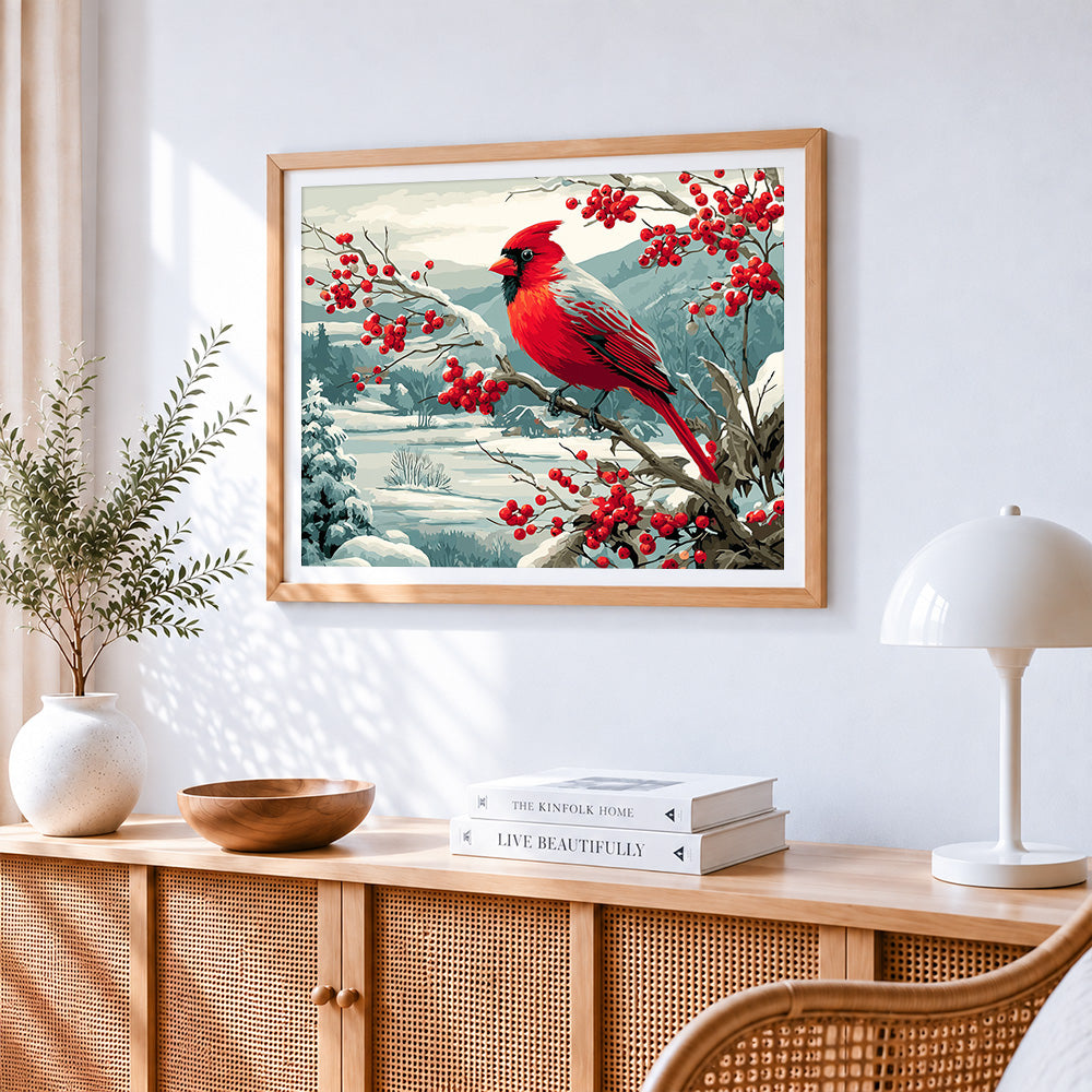 Majestic cardinal in a snowy winter landscape paint by numbers artwork displayed on wall as home decor
