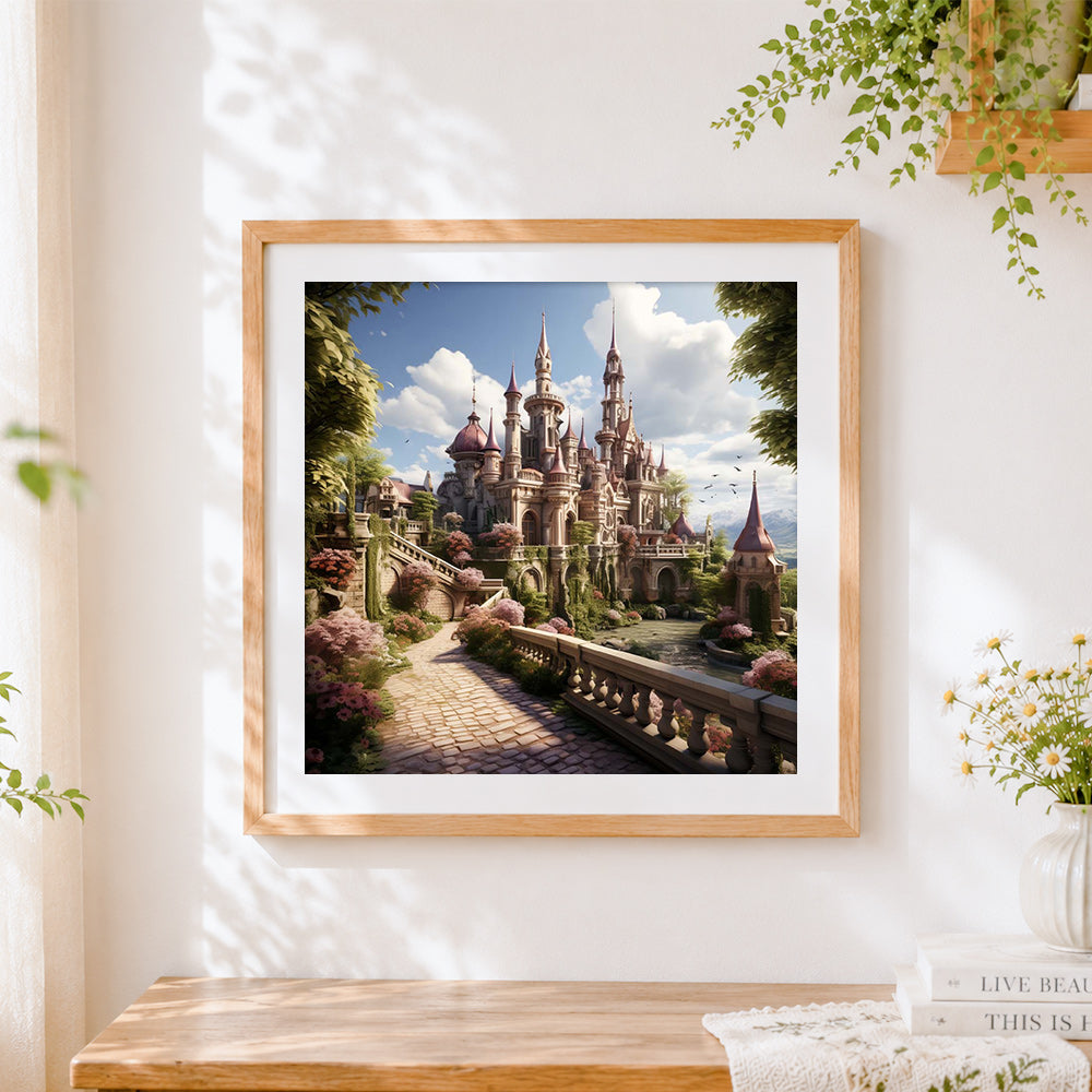 Finished majestic castle in a blossom garden cross stitch artwork displayed