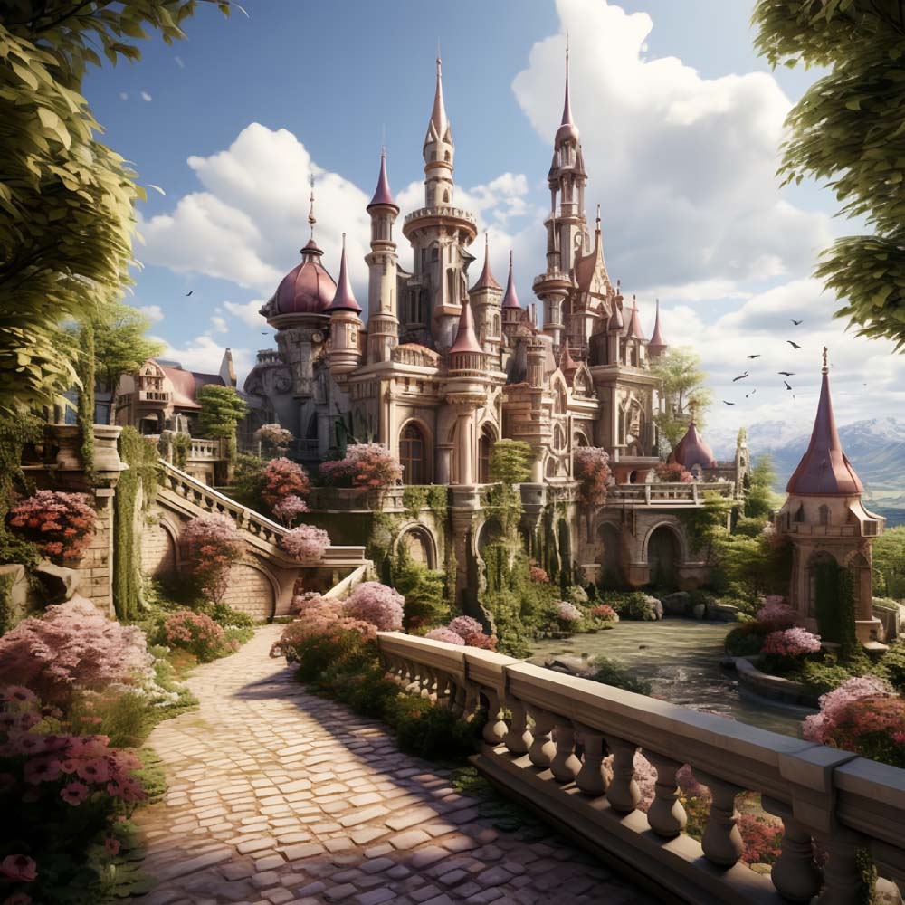 Majestic castle in a blossom garden cross stitch kit for beginners