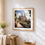 Majestic castle in a blossom garden cross stitch artwork displayed on wall as home decor