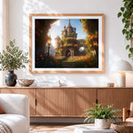 Finished majestic castle overgrown with flowers cross stitch artwork displayed