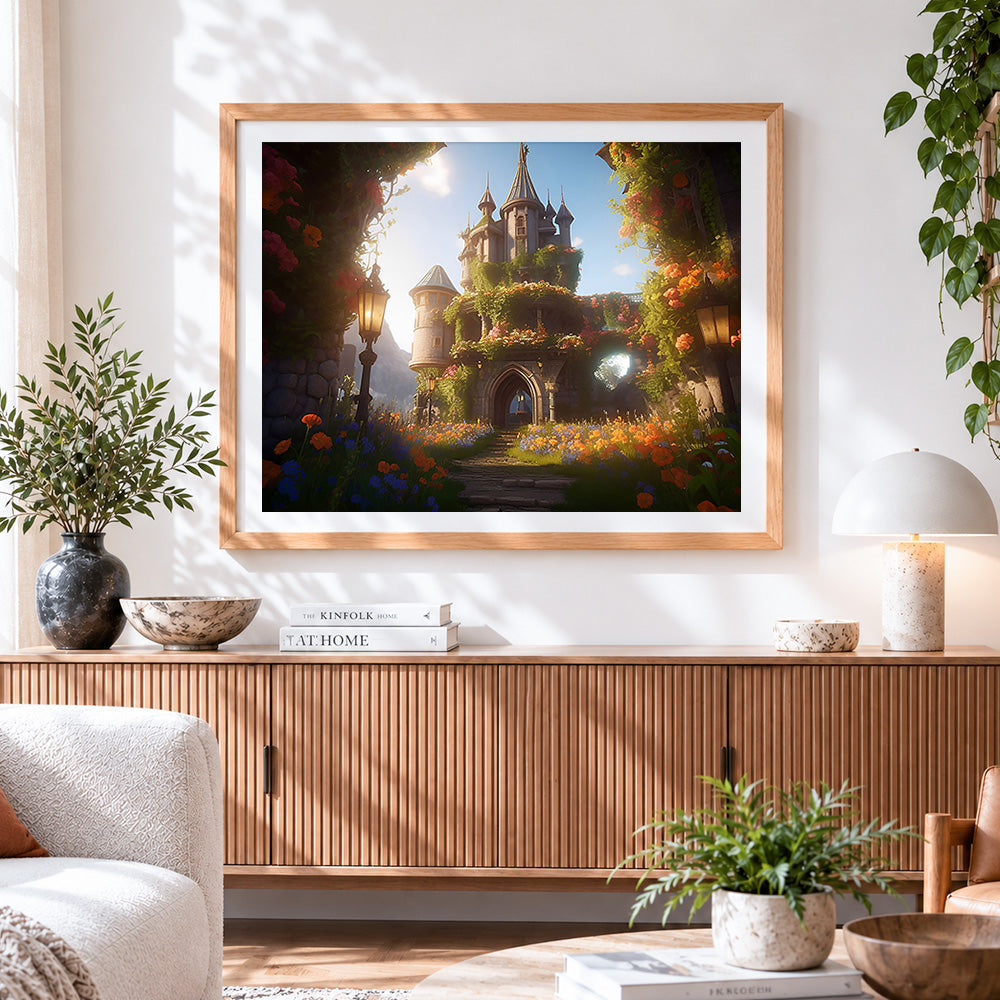 Finished majestic castle overgrown with flowers cross stitch artwork displayed