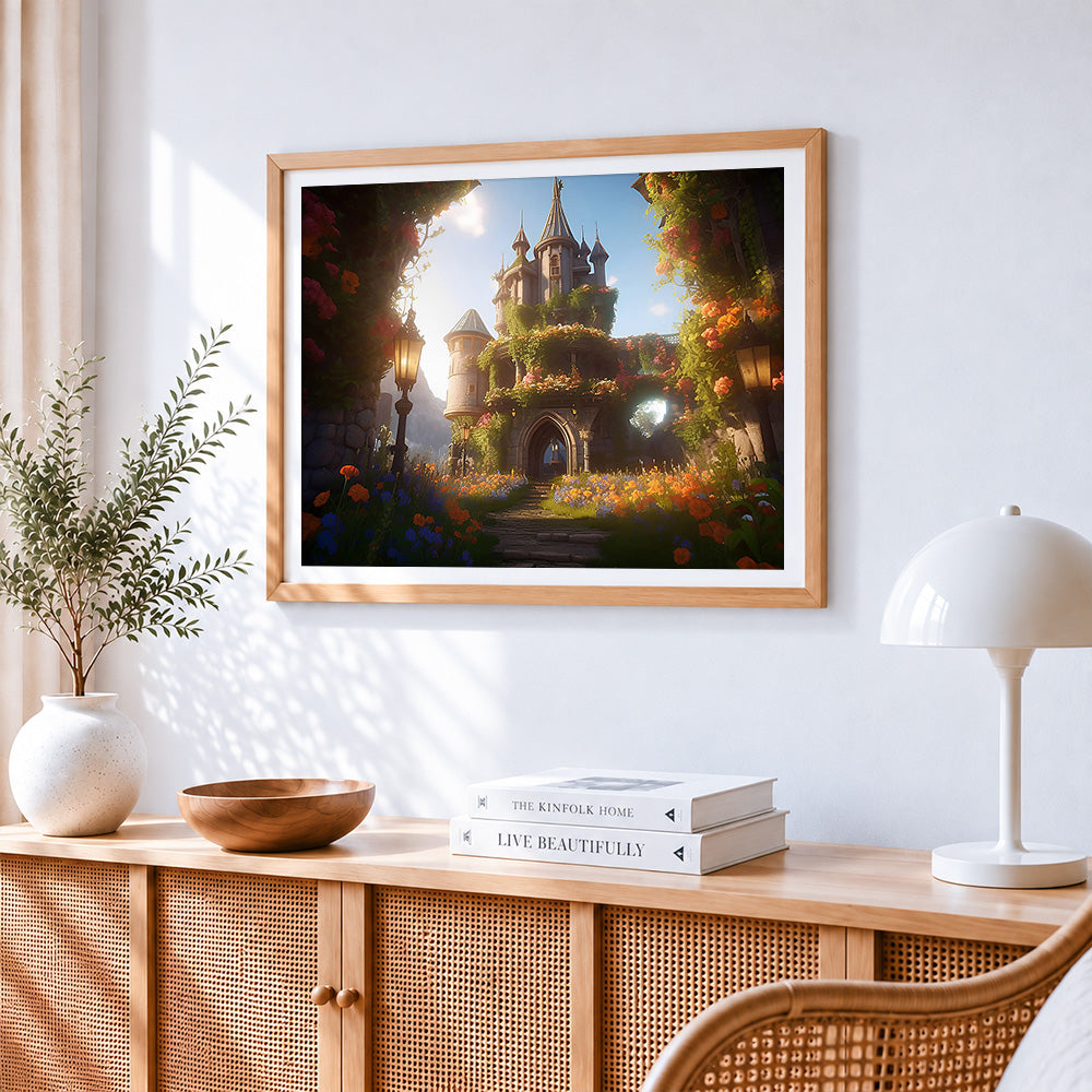 Majestic castle overgrown with flowers cross stitch artwork displayed on wall as home decor