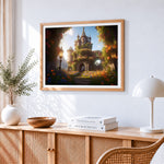 Majestic castle overgrown with flowers cross stitch artwork displayed on wall as home decor