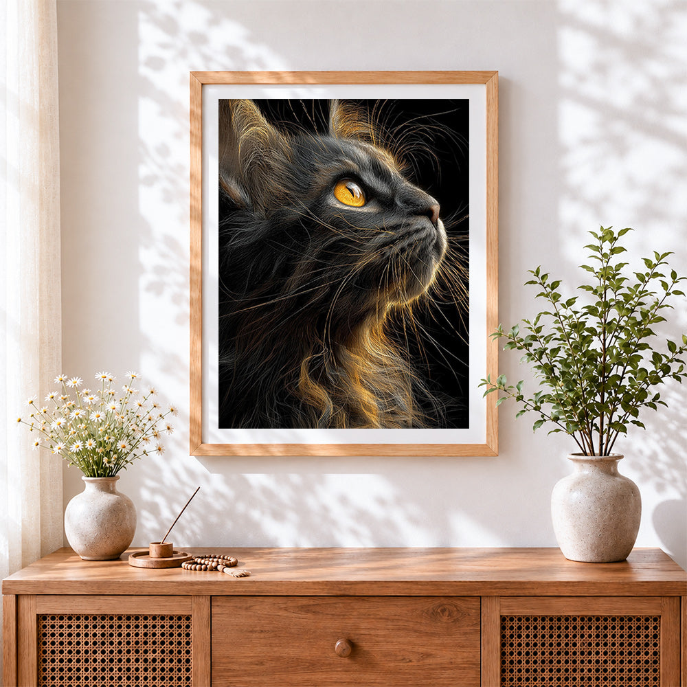 Finished majestic cat in the dark cross stitch artwork displayed