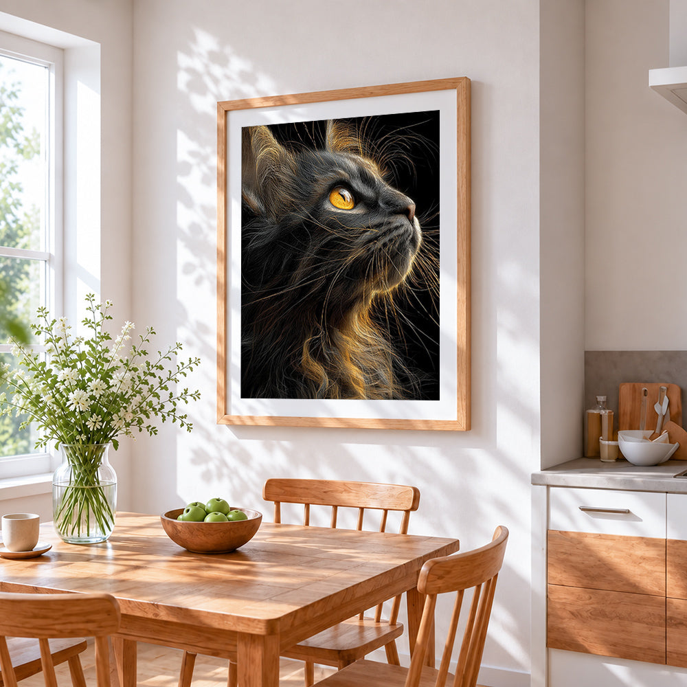 Majestic cat in the dark cross stitch artwork displayed on wall as home decor