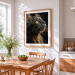 Majestic cat in the dark cross stitch artwork displayed on wall as home decor