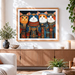 Finished majestic cats in armour cross stitch artwork displayed