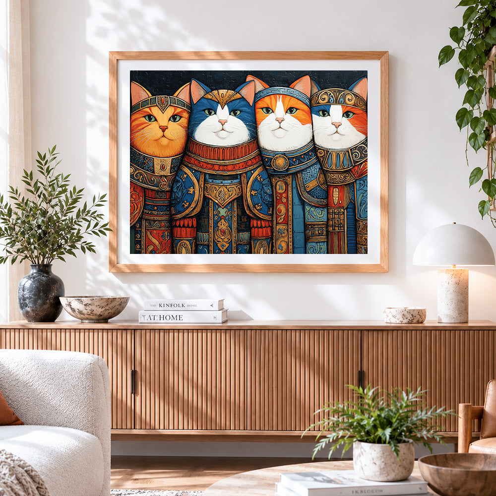 Finished majestic cats in armour cross stitch artwork displayed