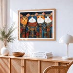 Majestic cats in armour cross stitch artwork displayed on wall as home decor