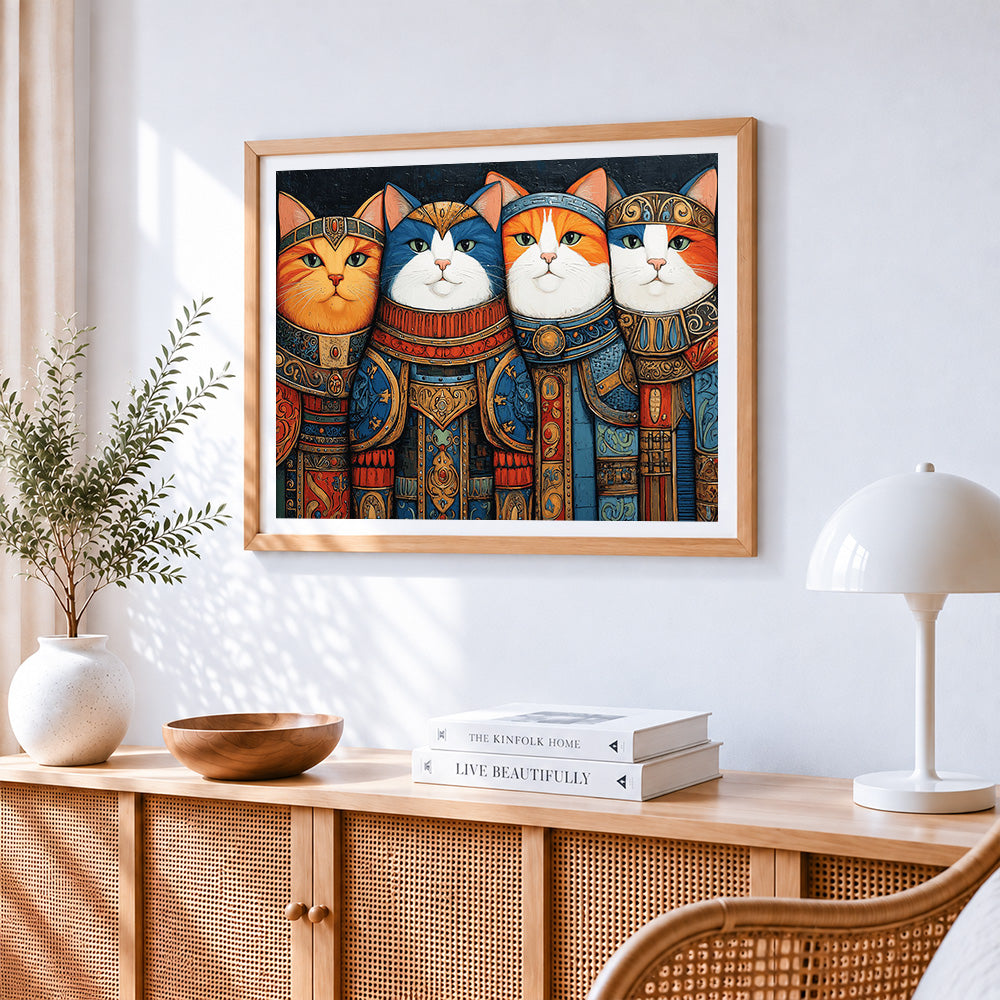 Majestic cats in armour paint by numbers artwork displayed on wall as home decor