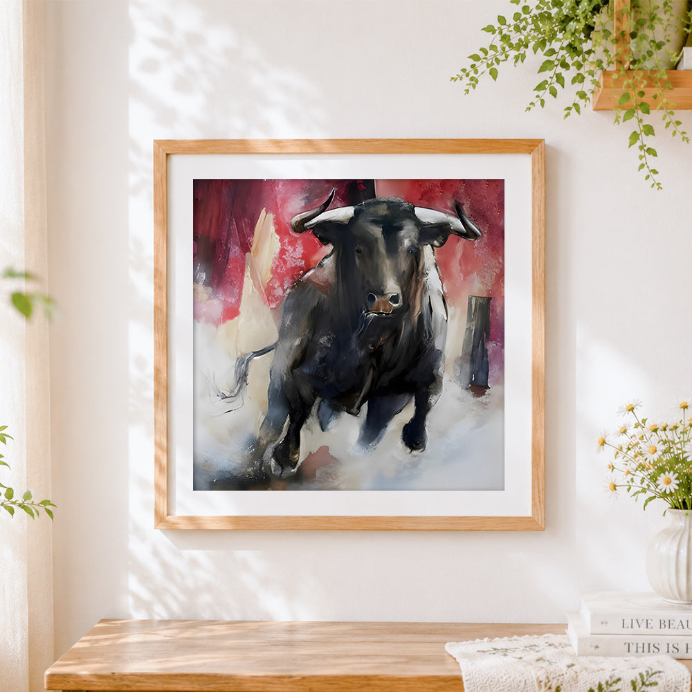 Finished majestic charging bull cross stitch artwork displayed
