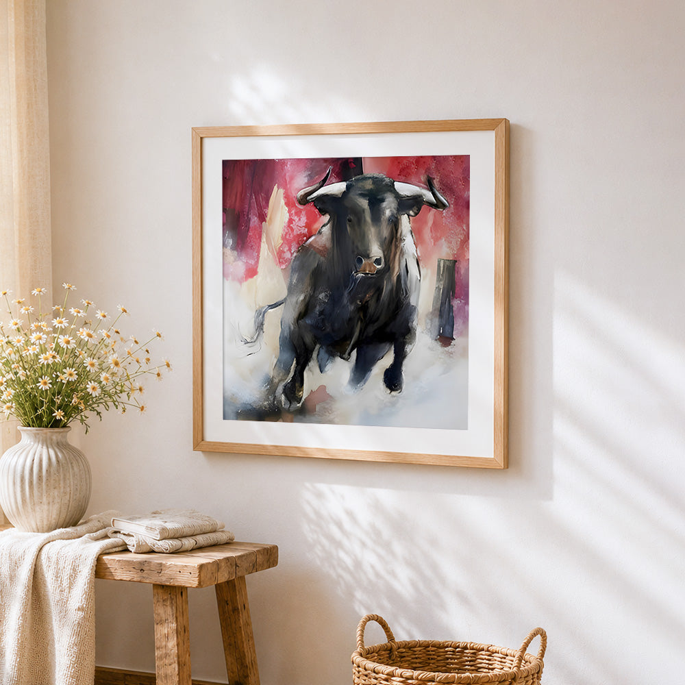 Majestic charging bull cross stitch artwork displayed on wall as home decor
