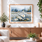 Finished majestic daisy field in a mountain valley paint by numbers artwork displayed as home decor
