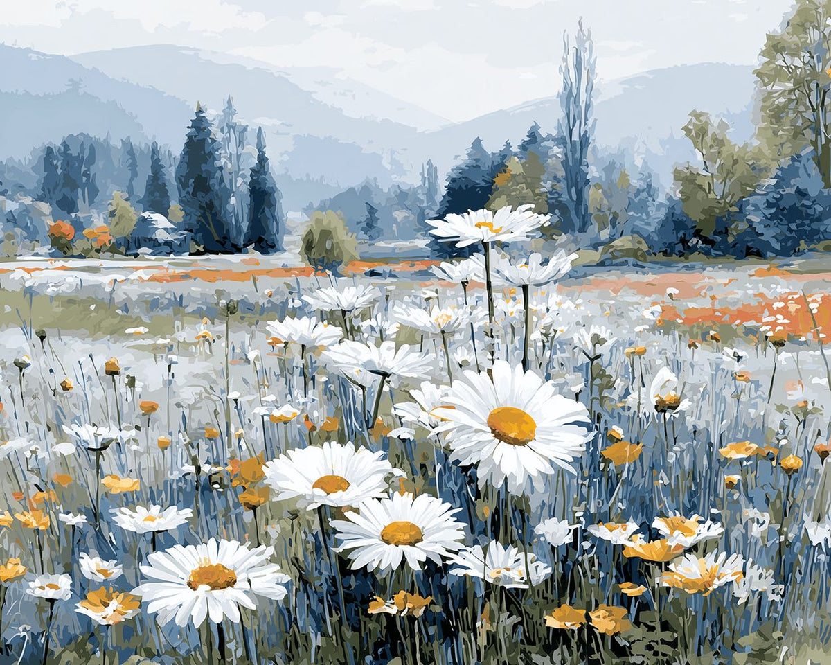 Majestic daisy field in a mountain valley paint by numbers kit for beginners