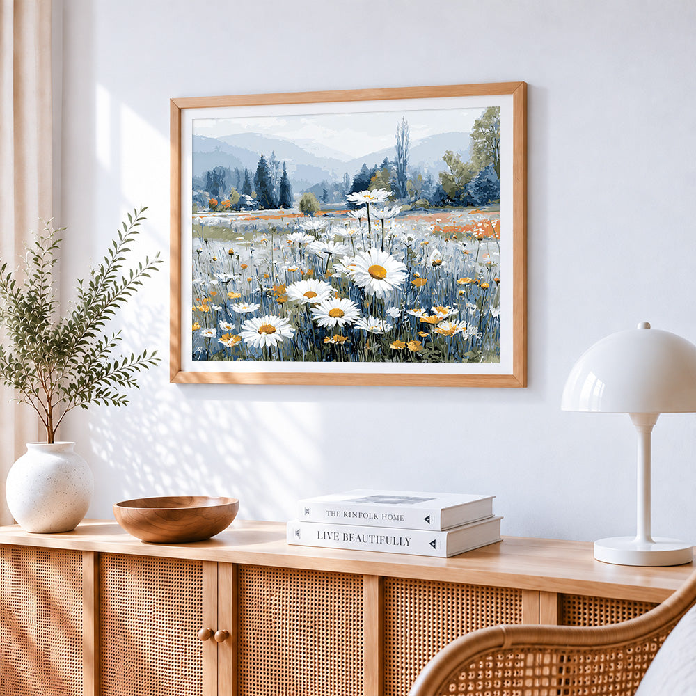 Majestic daisy field in a mountain valley paint by numbers artwork displayed on wall as home decor
