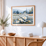 Majestic daisy field in a mountain valley paint by numbers artwork displayed on wall as home decor