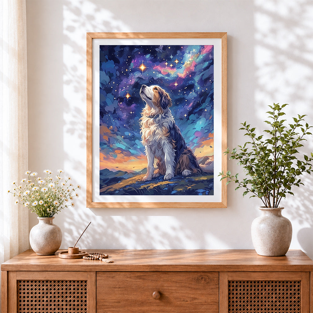Finished majestic dog under starry sky cross stitch artwork displayed