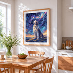 Majestic dog under starry sky cross stitch artwork displayed on wall as home decor
