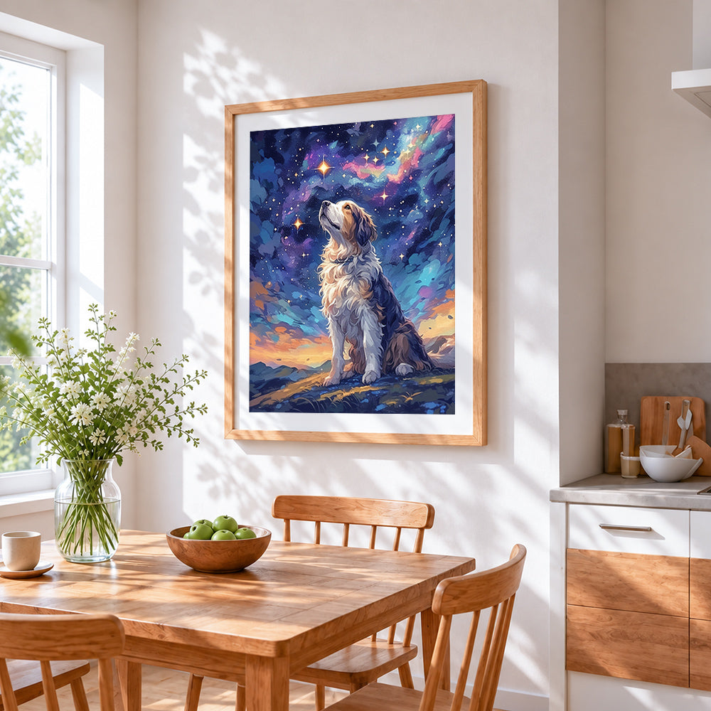Majestic dog under starry sky cross stitch artwork displayed on wall as home decor