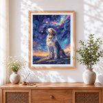 Finished majestic dog under starry sky paint by numbers artwork displayed as home decor