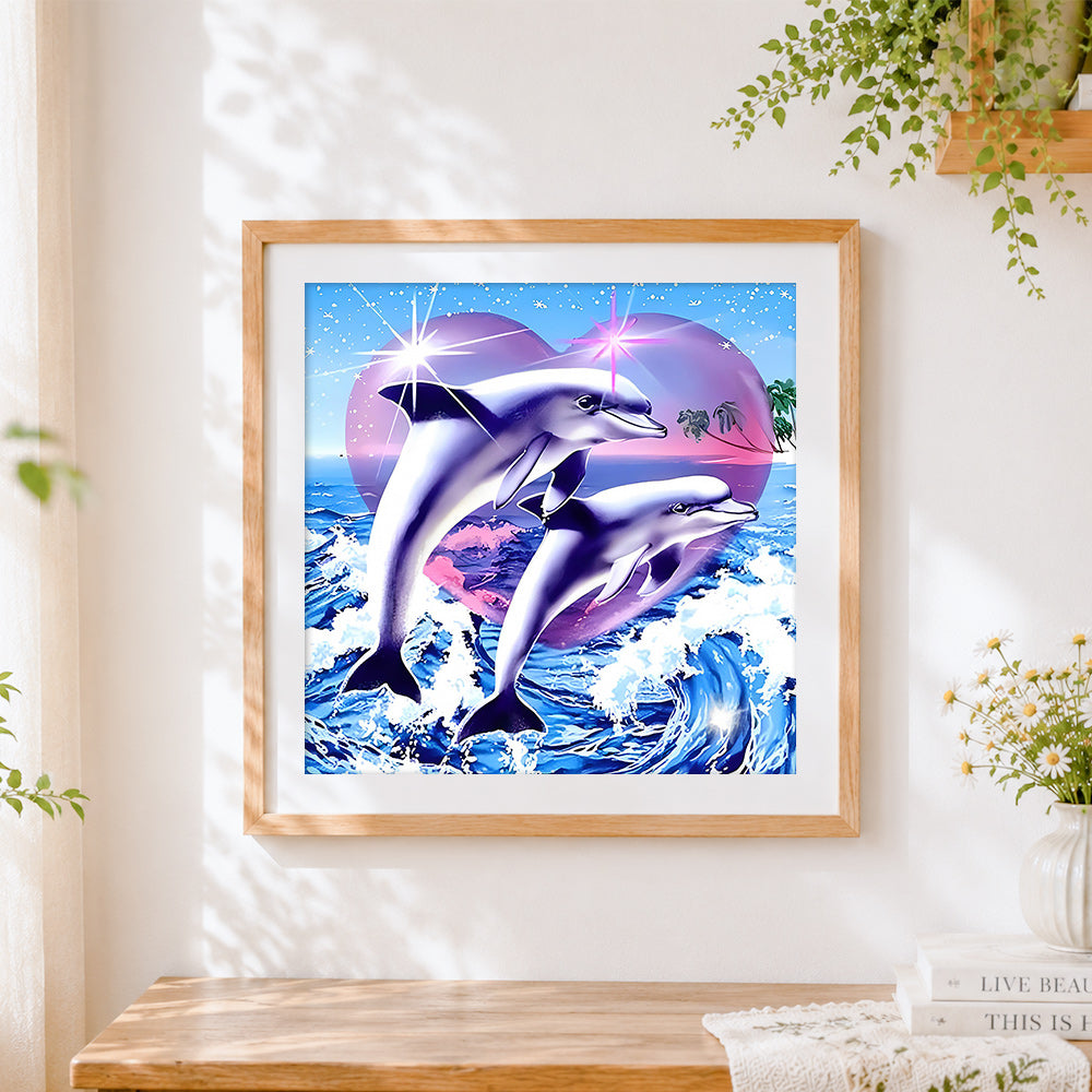 Finished majestic dolphins leaping from the waves cross stitch artwork displayed