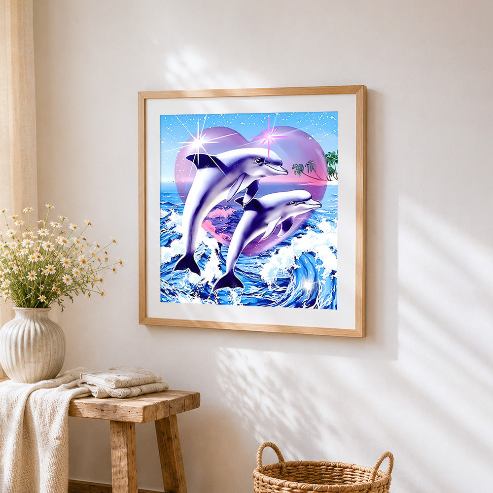 Majestic dolphins leaping from the waves cross stitch artwork displayed on wall as home decor