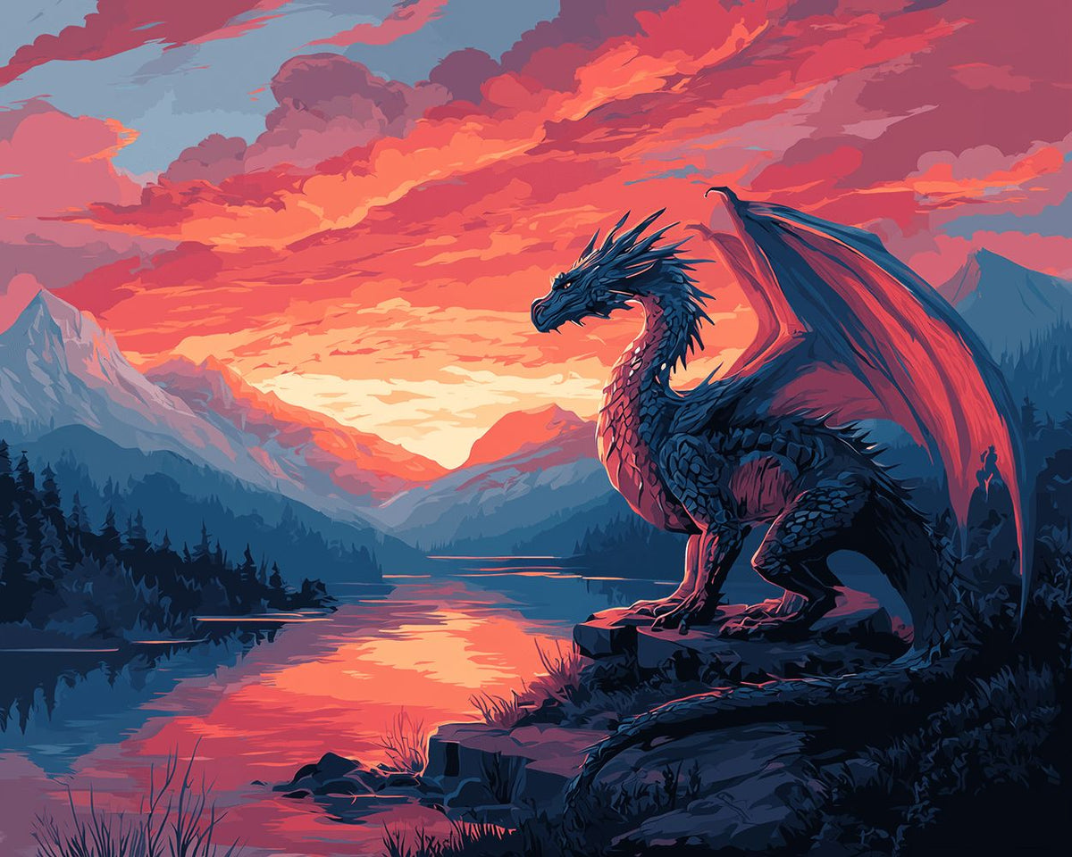 Majestic dragon at sunset cross stitch kit for beginners