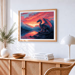 Majestic dragon at sunset cross stitch artwork displayed on wall as home decor