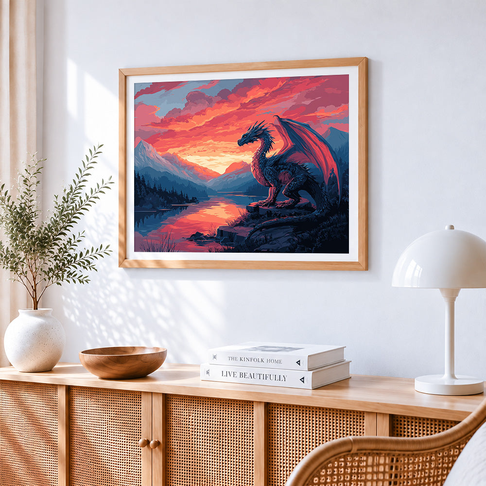 Majestic dragon at sunset cross stitch artwork displayed on wall as home decor