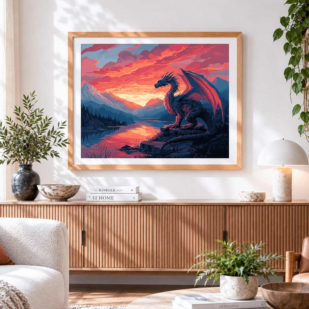 Finished majestic dragon at sunset paint by numbers artwork displayed as home decor