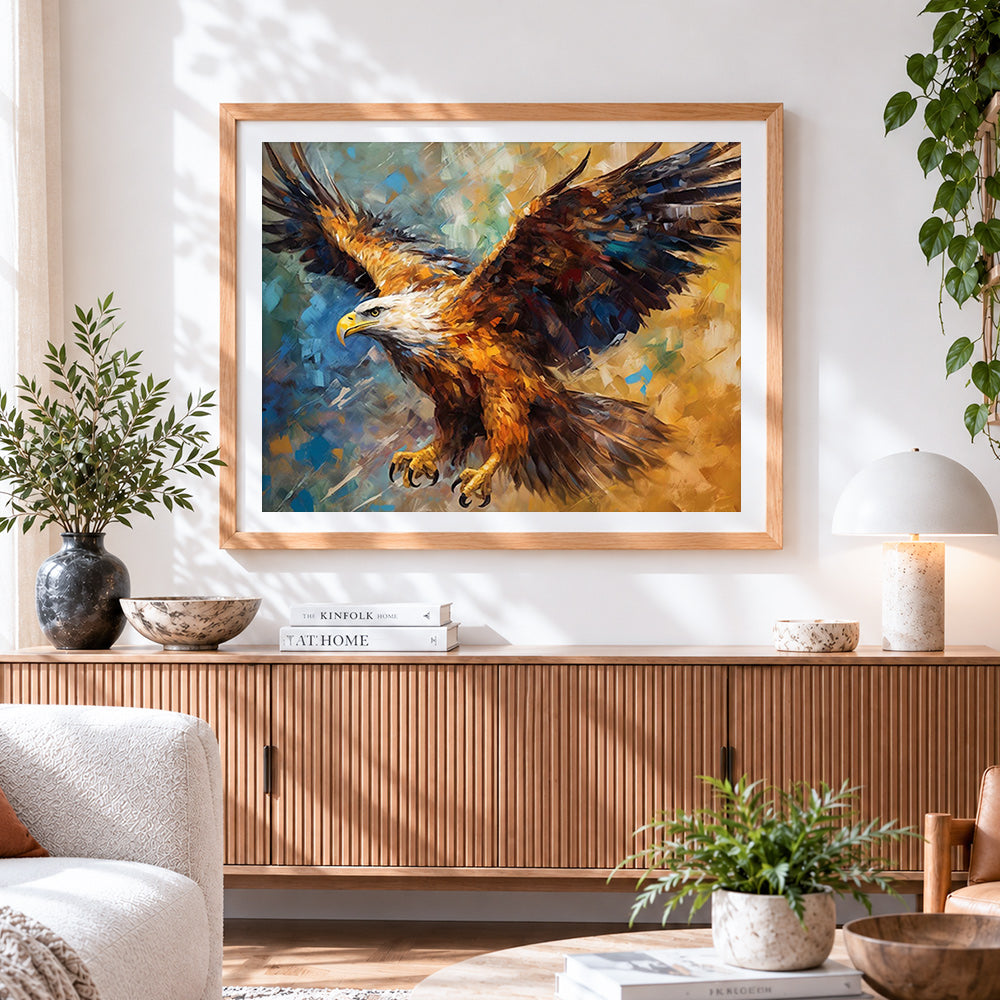 Finished majestic eagle in flight cross stitch artwork displayed