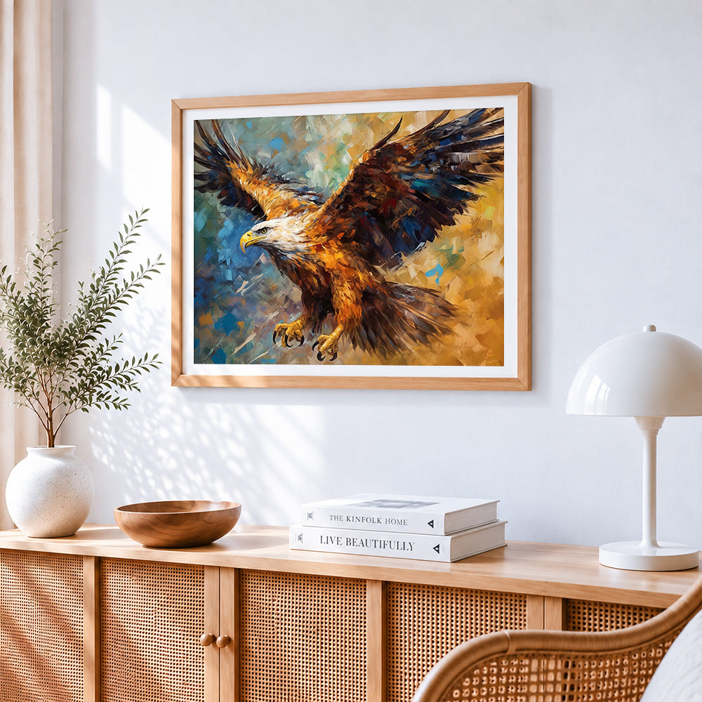 Majestic eagle in flight cross stitch artwork displayed on wall as home decor