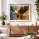 Finished majestic eagle in flight paint by numbers artwork displayed as home decor