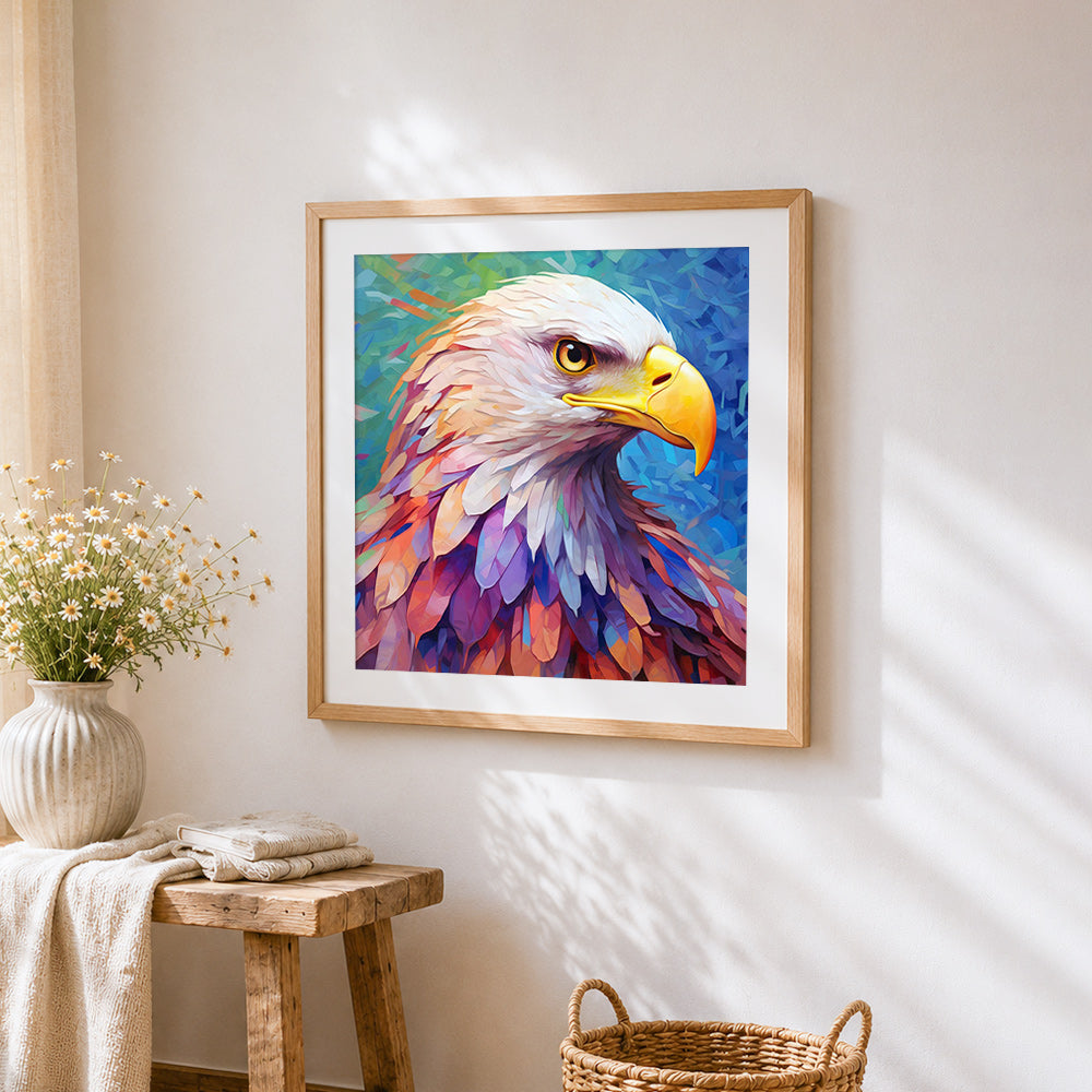 Majestic eagle portrait cross stitch artwork displayed on wall as home decor