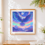 Finished majestic eagle soaring over mountains cross stitch artwork displayed