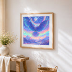 Majestic eagle soaring over mountains cross stitch artwork displayed on wall as home decor